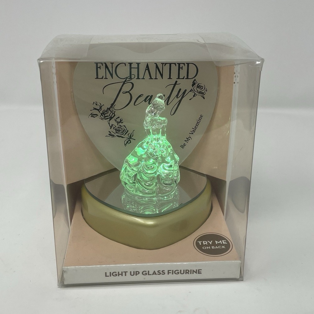 Disney Princess Enchanted Beauty Belle Light Up Glass Figurine Heart Base NIB
